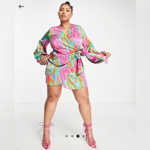 Never Fully Dressed Plus wrap tie shirt mini dress in bright abstract